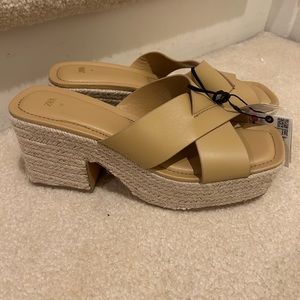 NWT Zara Tan Leather Suede Chunky Block Platform Espadrille Slip On Heels SZ 40